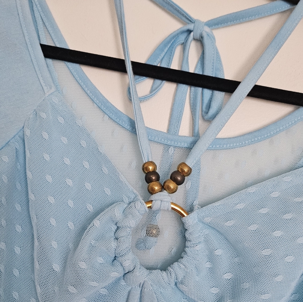 D.i.a Gyaru Blue Batwing Sheer Polka Dot Sleeve Beaded Halter Neck Top With - Picture 8 of 9